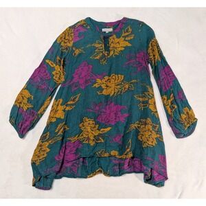 World Market Floral Tunic Top‎ Keyhole Neckline Long Sleeve Green Purple S/M